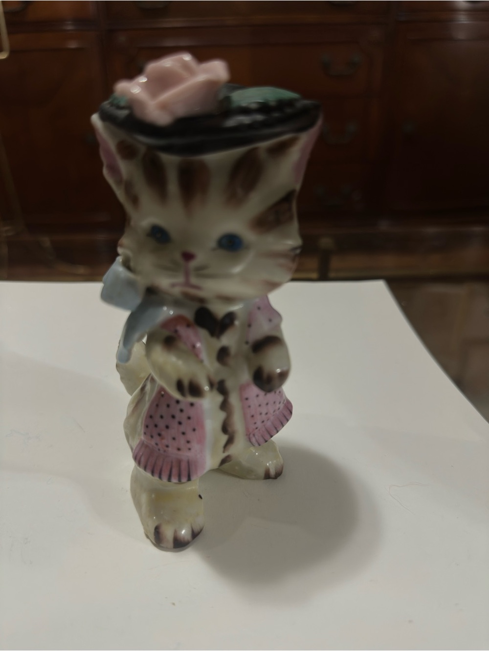 Vintage Norcrest Kitty Cat Figurine Wearing Rose Hat & Scarf